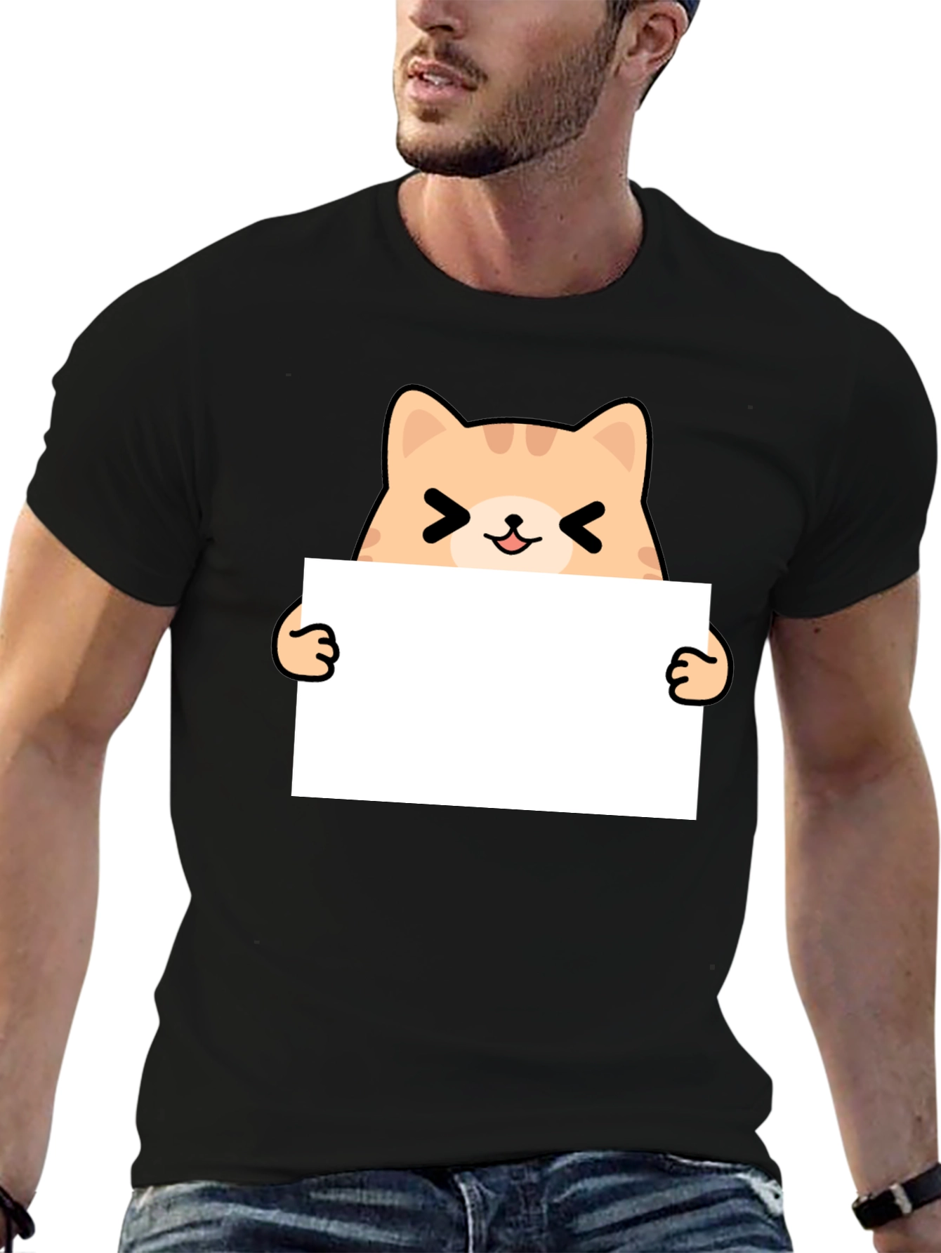 Cute Cat Holding Sign Black T-Shirt