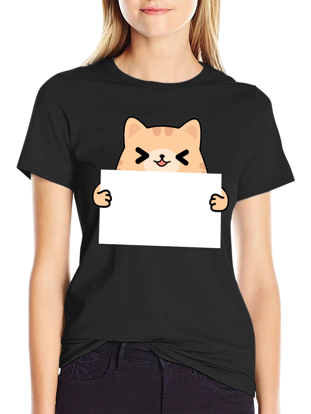 Cute Cat Holding Sign Black T-Shirt