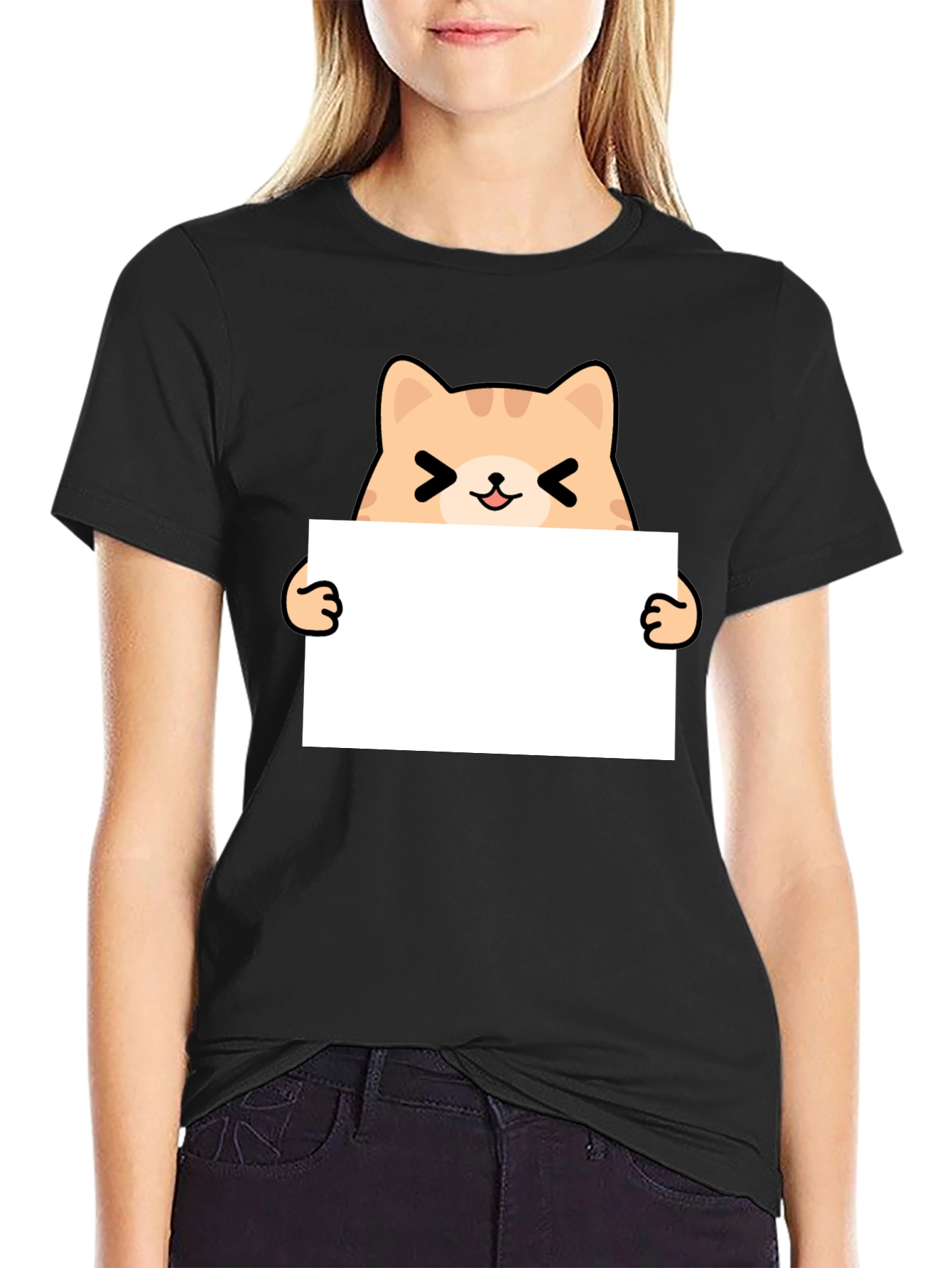 Cute Cat Holding Sign Black T-Shirt