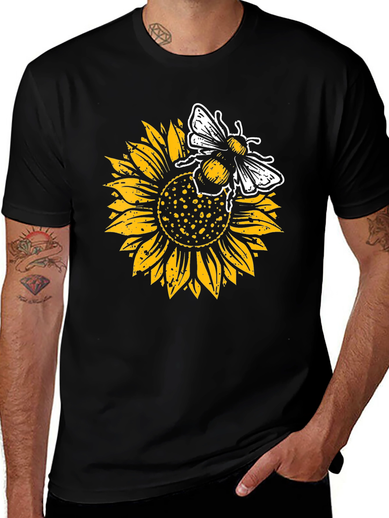 Sunflower and Bee Graphic Tee - Black Cotton Casual Shirt