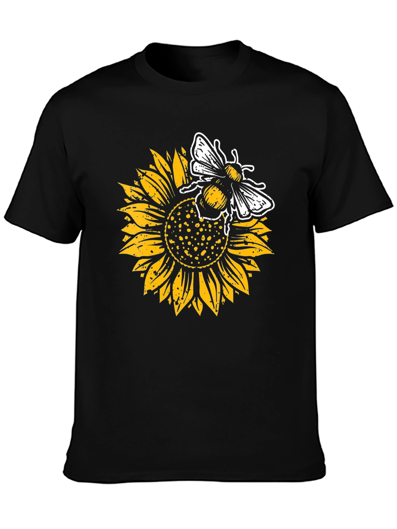 Sunflower and Bee Graphic Tee - Black Cotton Casual Shirt