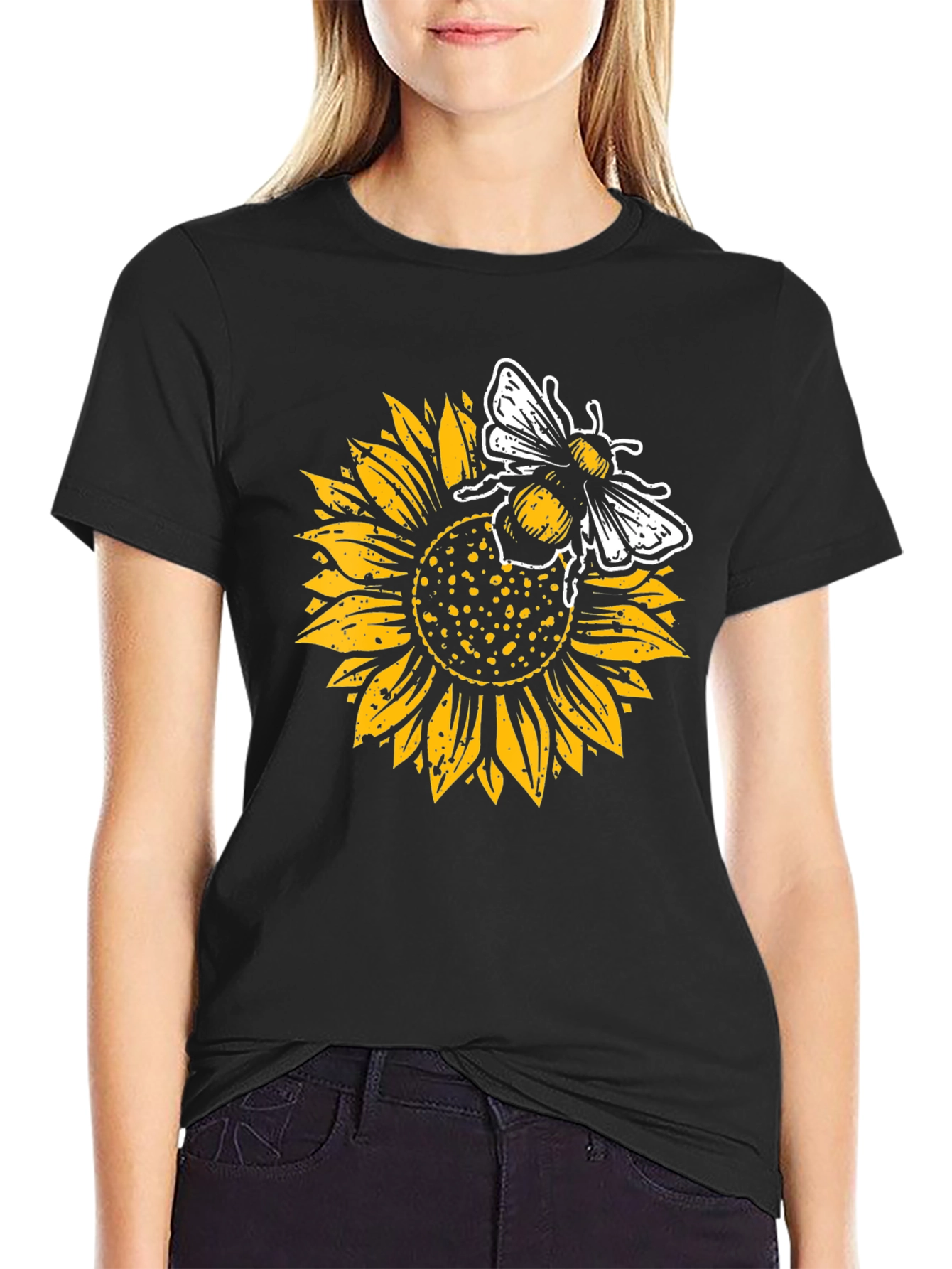 Sunflower and Bee Graphic Tee - Black Cotton Casual Shirt