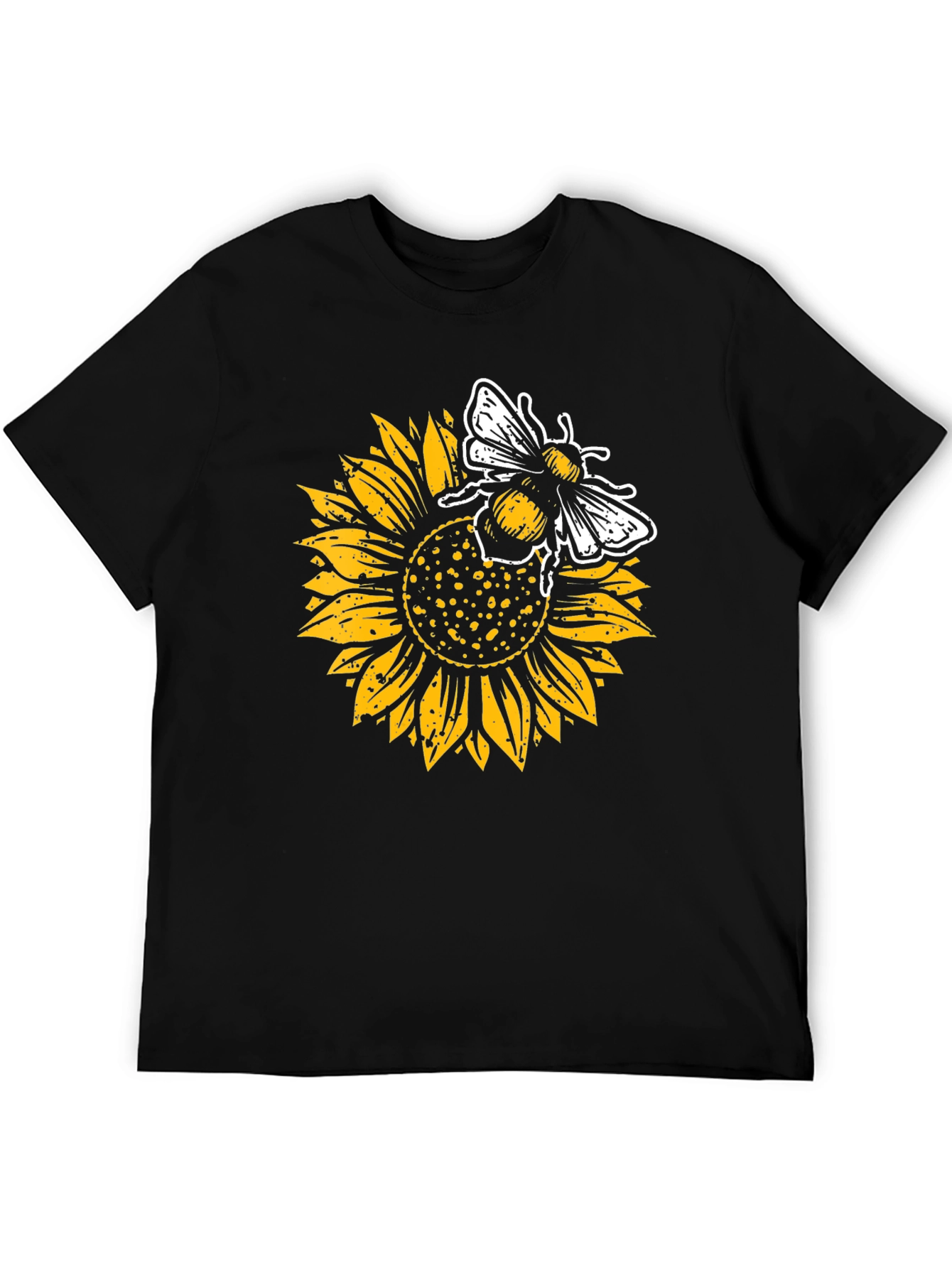 Sunflower and Bee Graphic Tee - Black Cotton Casual Shirt