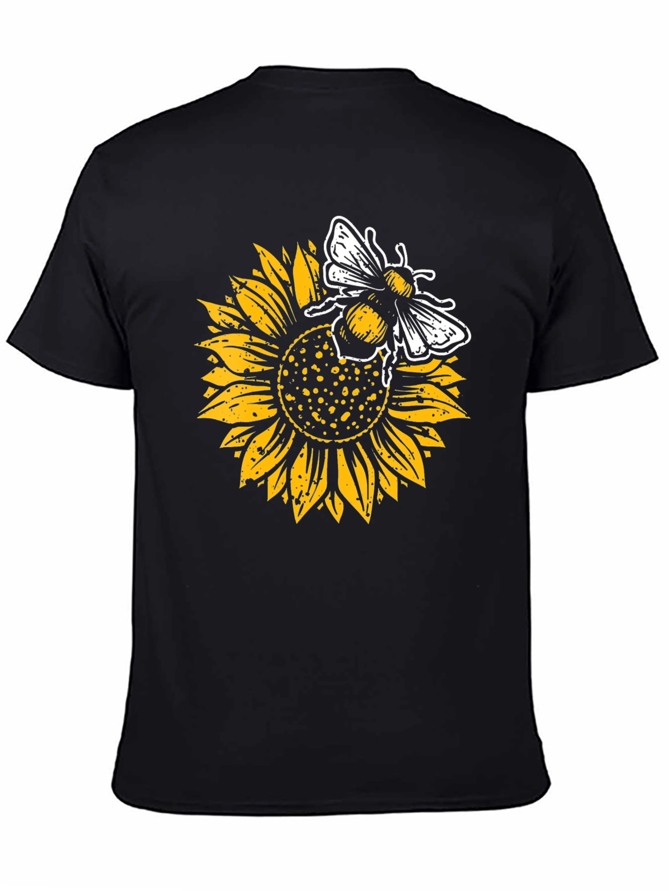 Sunflower and Bee Graphic Tee - Black Cotton Casual Shirt