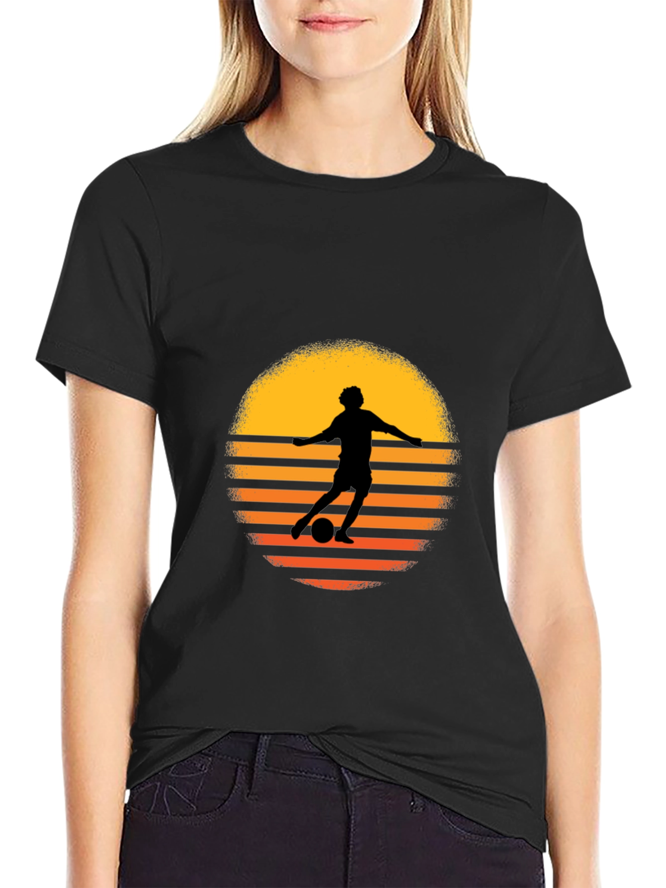 Retro Soccer Player Sunset Graphic Tee - Black Cotton Blend
