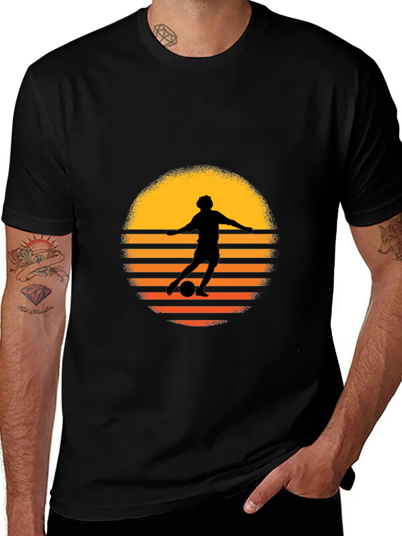 Retro Soccer Player Sunset Graphic Tee - Black Cotton Blend
