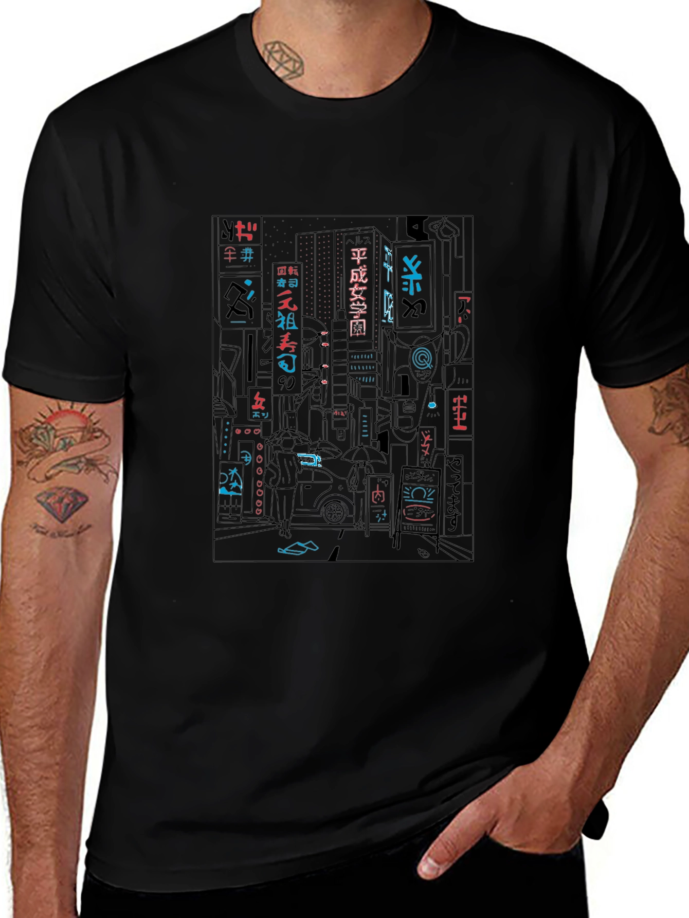 Neon Cityscape Graphic Tee - Black