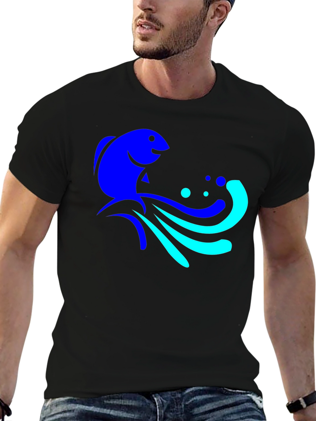 Blue Fish Graphic Tee - Black Cotton Comfort