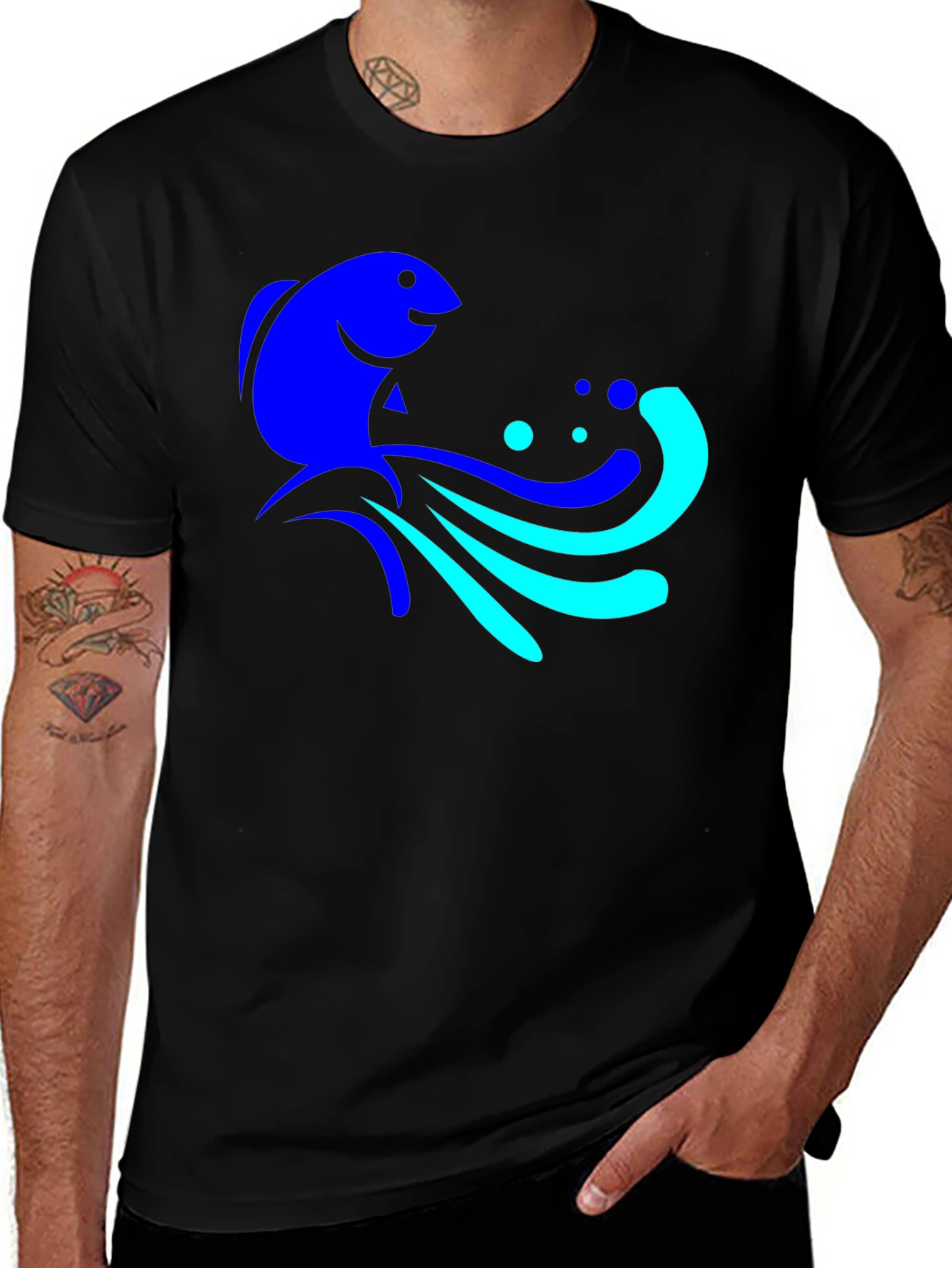 Blue Fish Graphic Tee - Black Cotton Comfort