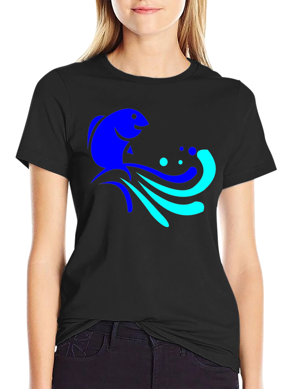 Blue Fish Graphic Tee - Black Cotton Comfort