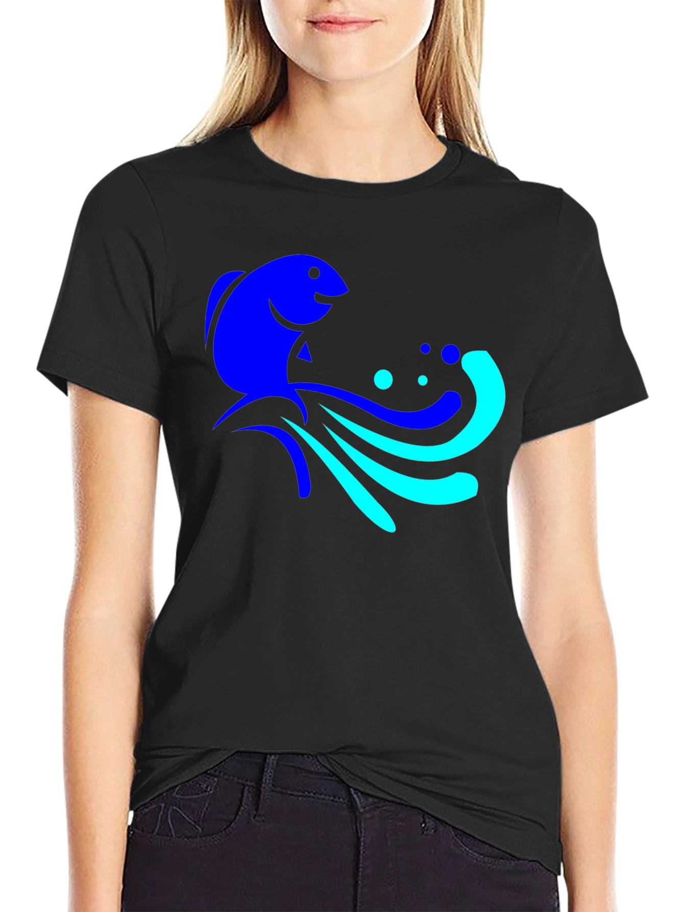 Blue Fish Graphic Tee - Black Cotton Comfort