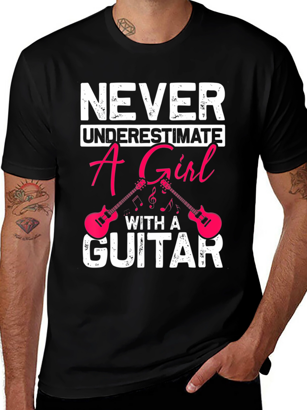 Never Underestimate A Girl With A Guitar Black T-Shirt