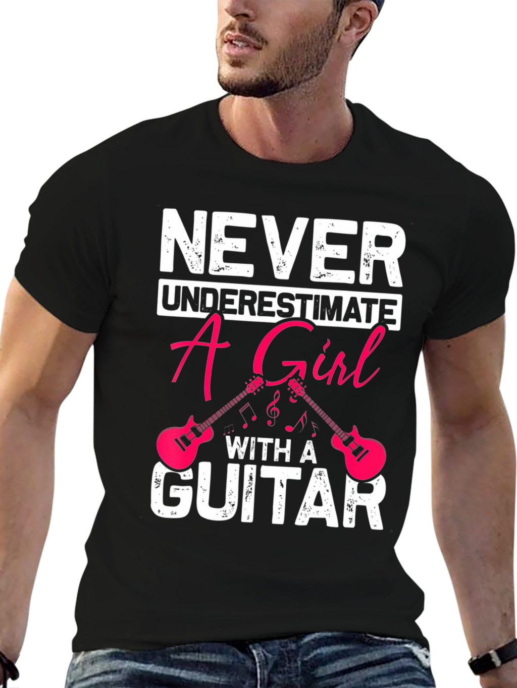 Never Underestimate A Girl With A Guitar Black T-Shirt