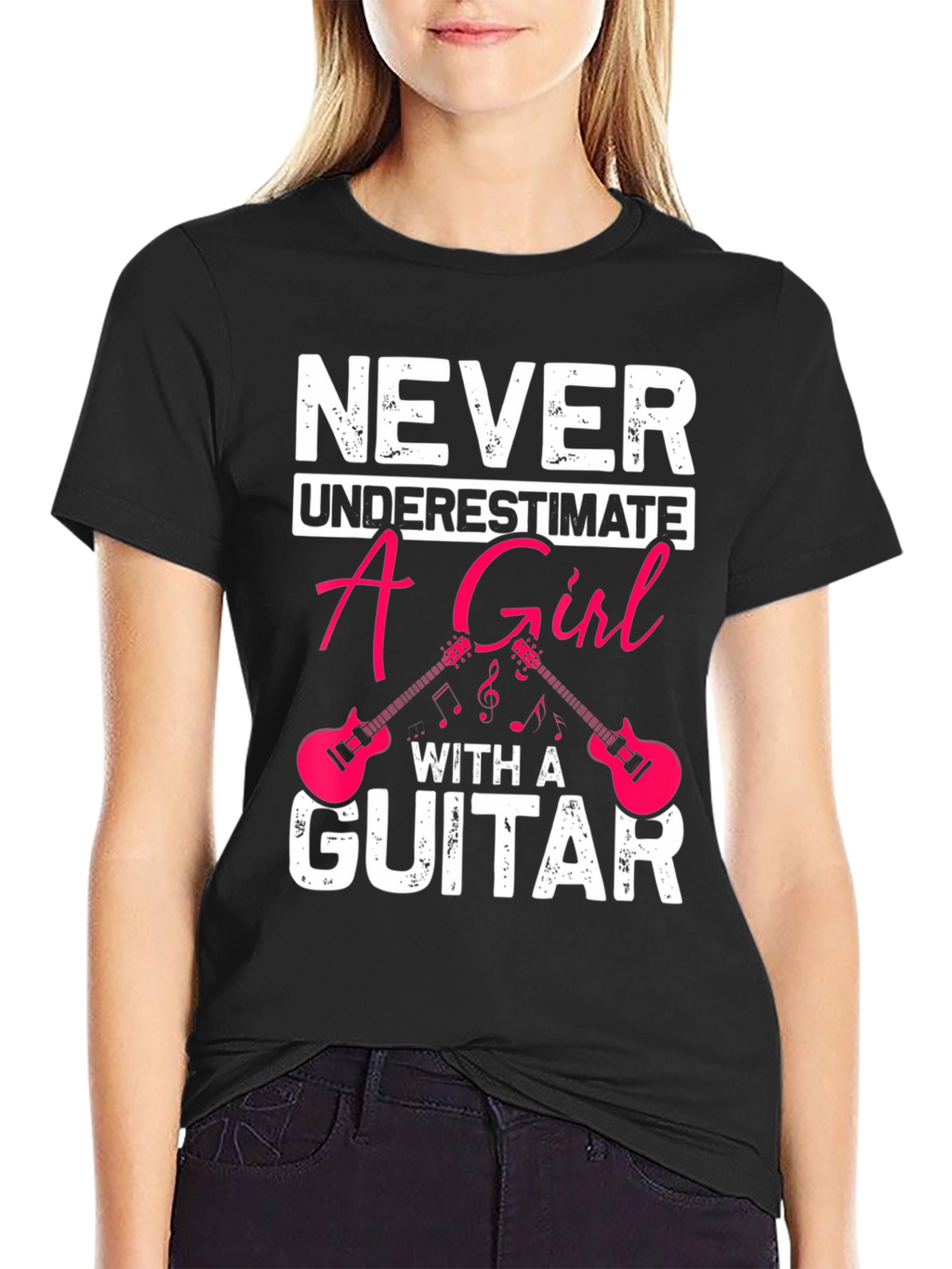 Never Underestimate A Girl With A Guitar Black T-Shirt