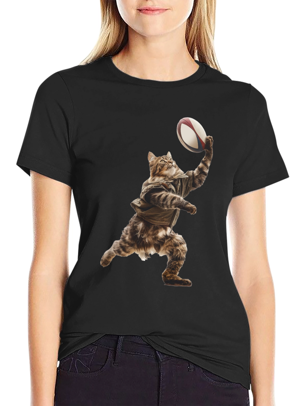 Cat Rugby Player Graphic Tee - Novelty T-Shirt