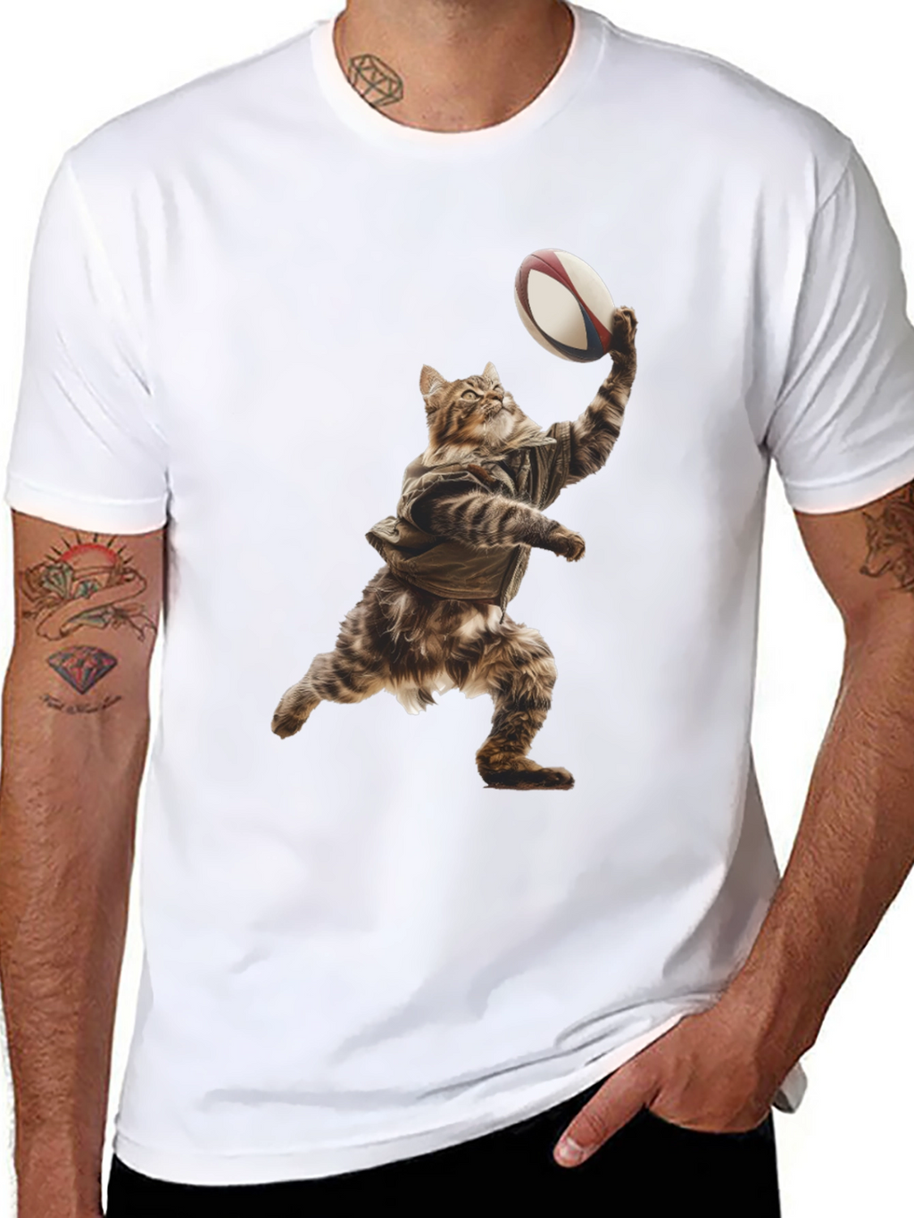 Cat Rugby Player Graphic Tee - Novelty T-Shirt