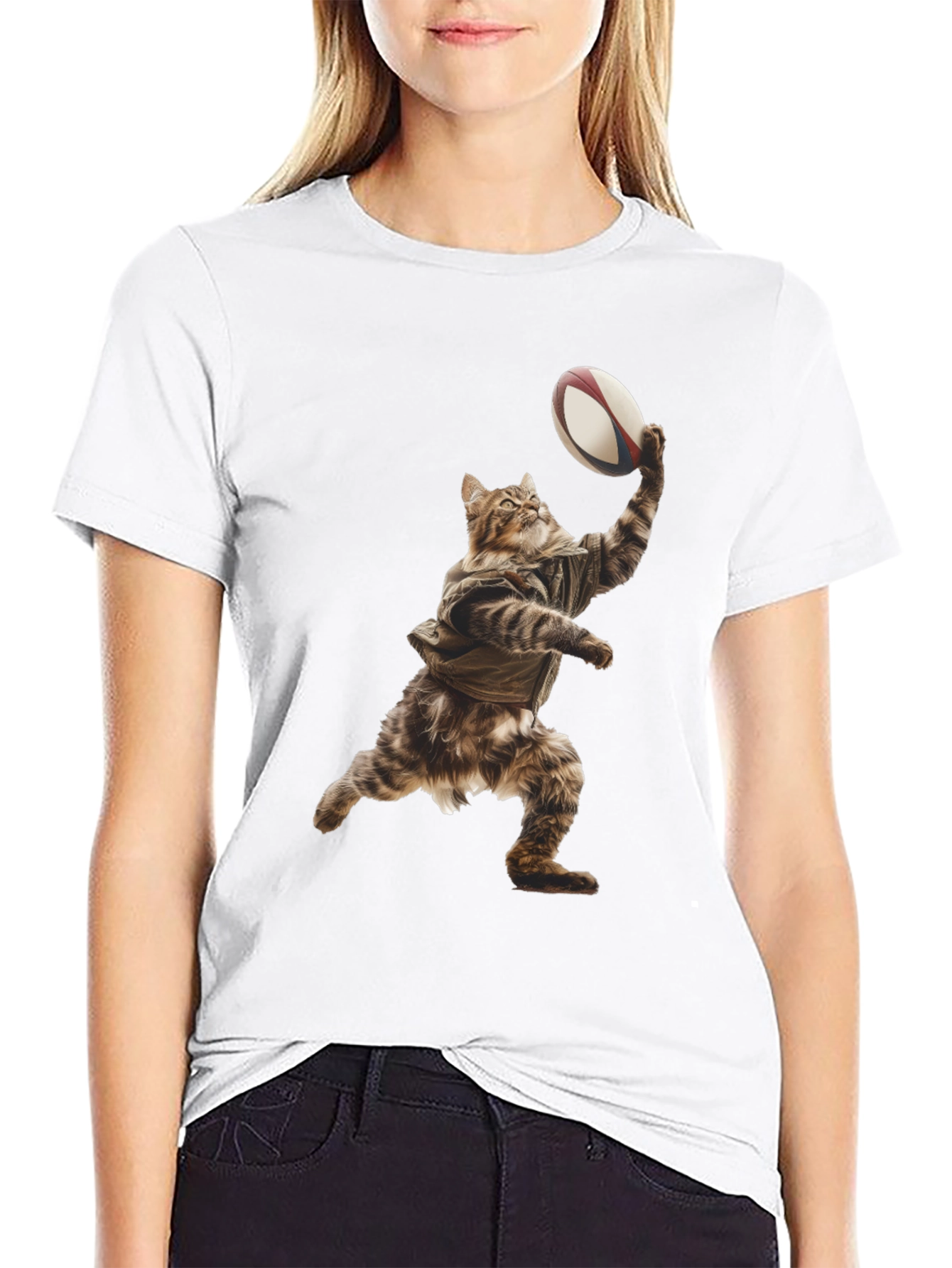 Cat Rugby Player Graphic Tee - Novelty T-Shirt