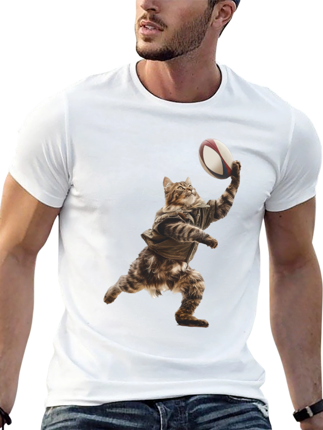 Cat Rugby Player Graphic Tee - Novelty T-Shirt