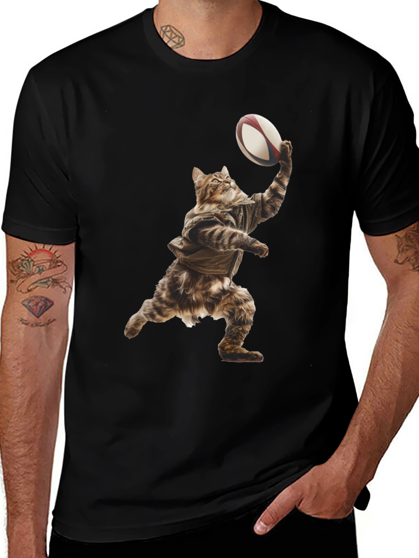 Cat Rugby Player Graphic Tee - Novelty T-Shirt