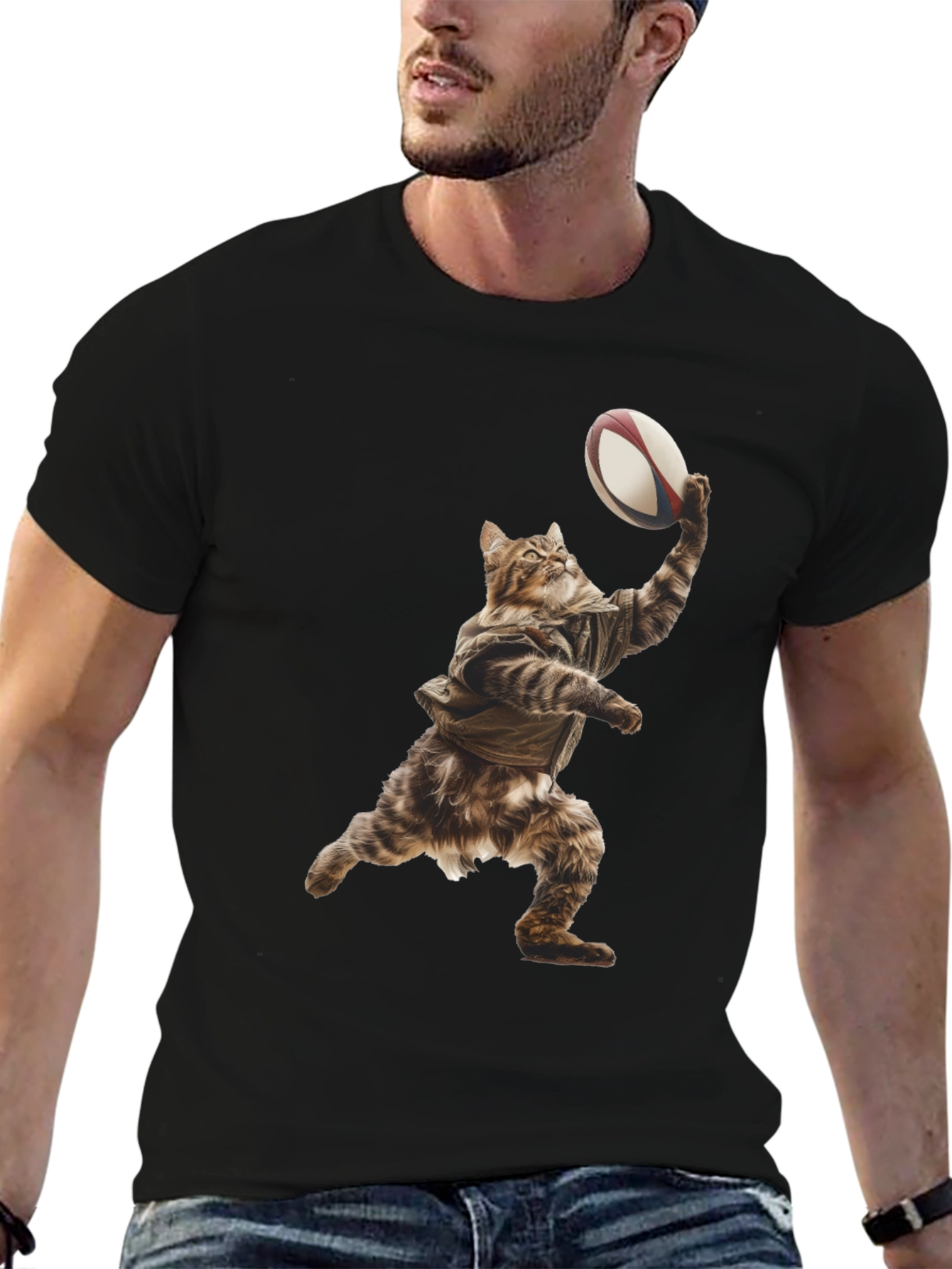 Cat Rugby Player Graphic Tee - Novelty T-Shirt