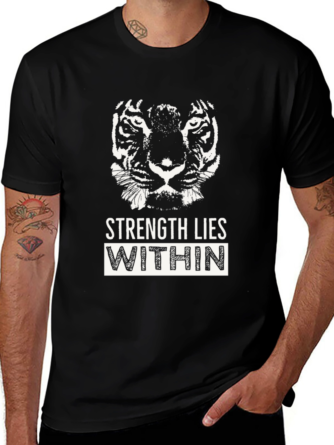 Strength Within Black Graphic Tee - Tiger Design