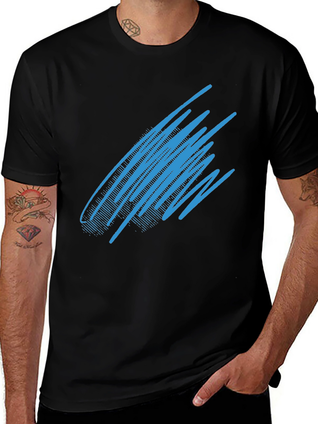 Abstract Blue Line Graphic Black T-Shirt