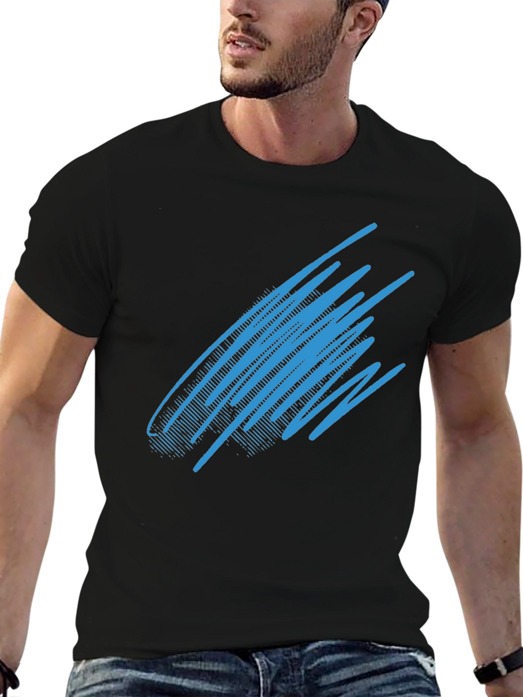 Abstract Blue Line Graphic Black T-Shirt