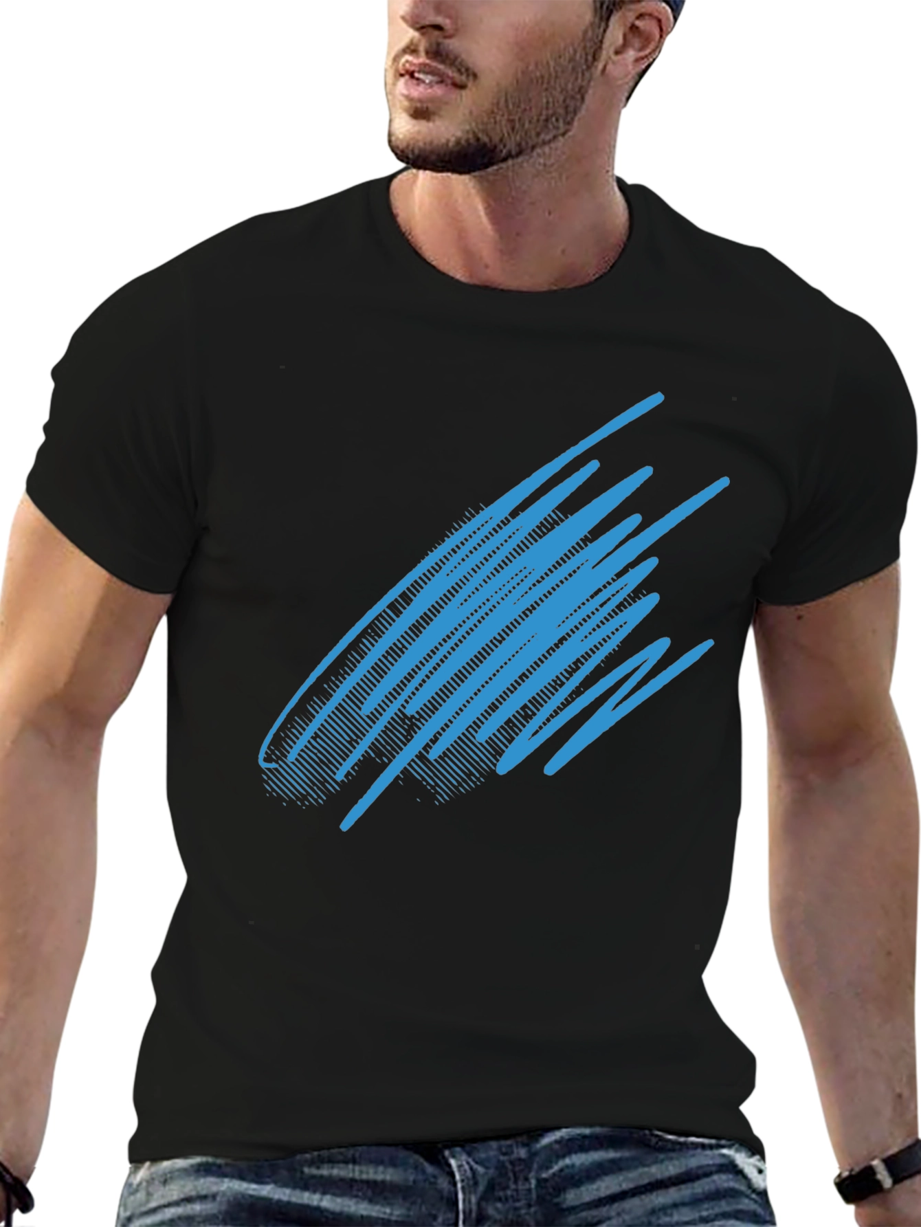 Abstract Blue Line Graphic Black T-Shirt
