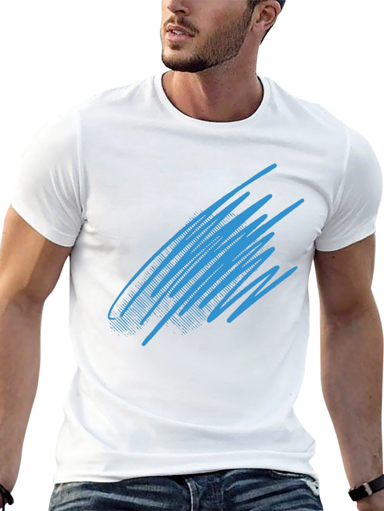 Abstract Blue Line Graphic Black T-Shirt