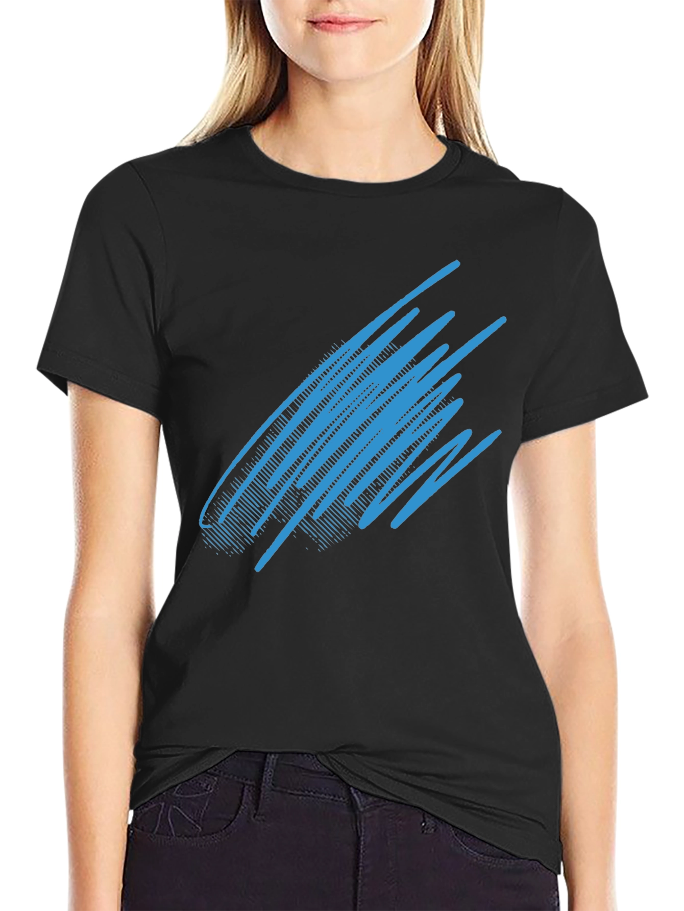 Abstract Blue Line Graphic Black T-Shirt