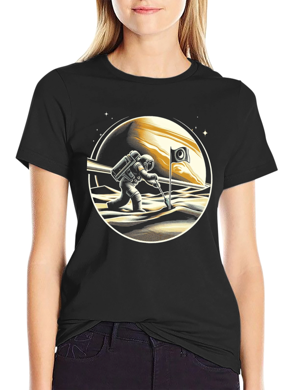 Astronaut Moon Landing Graphic Tee - Black T-Shirt