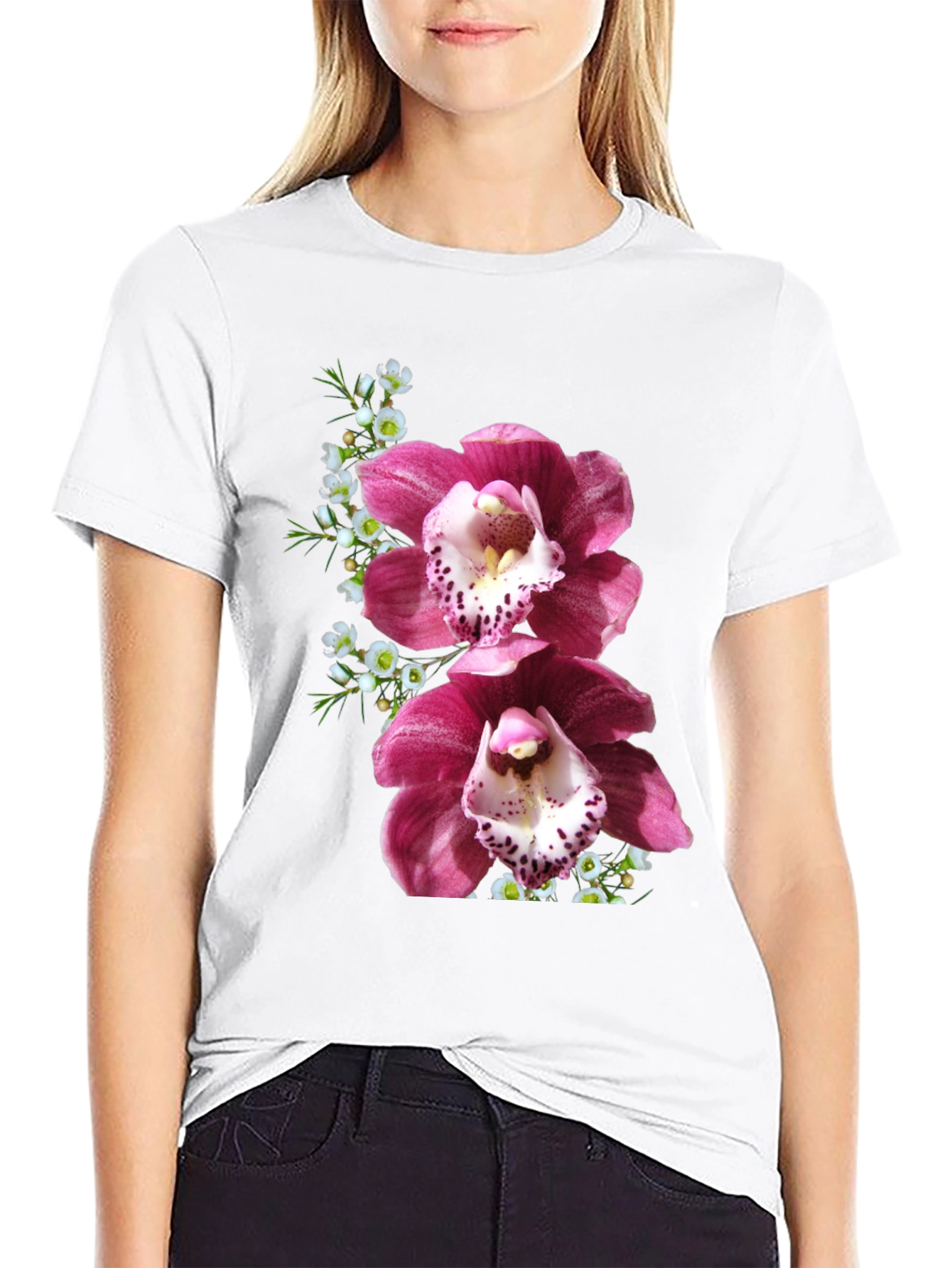 Floral Orchid Print T-Shirt - Black