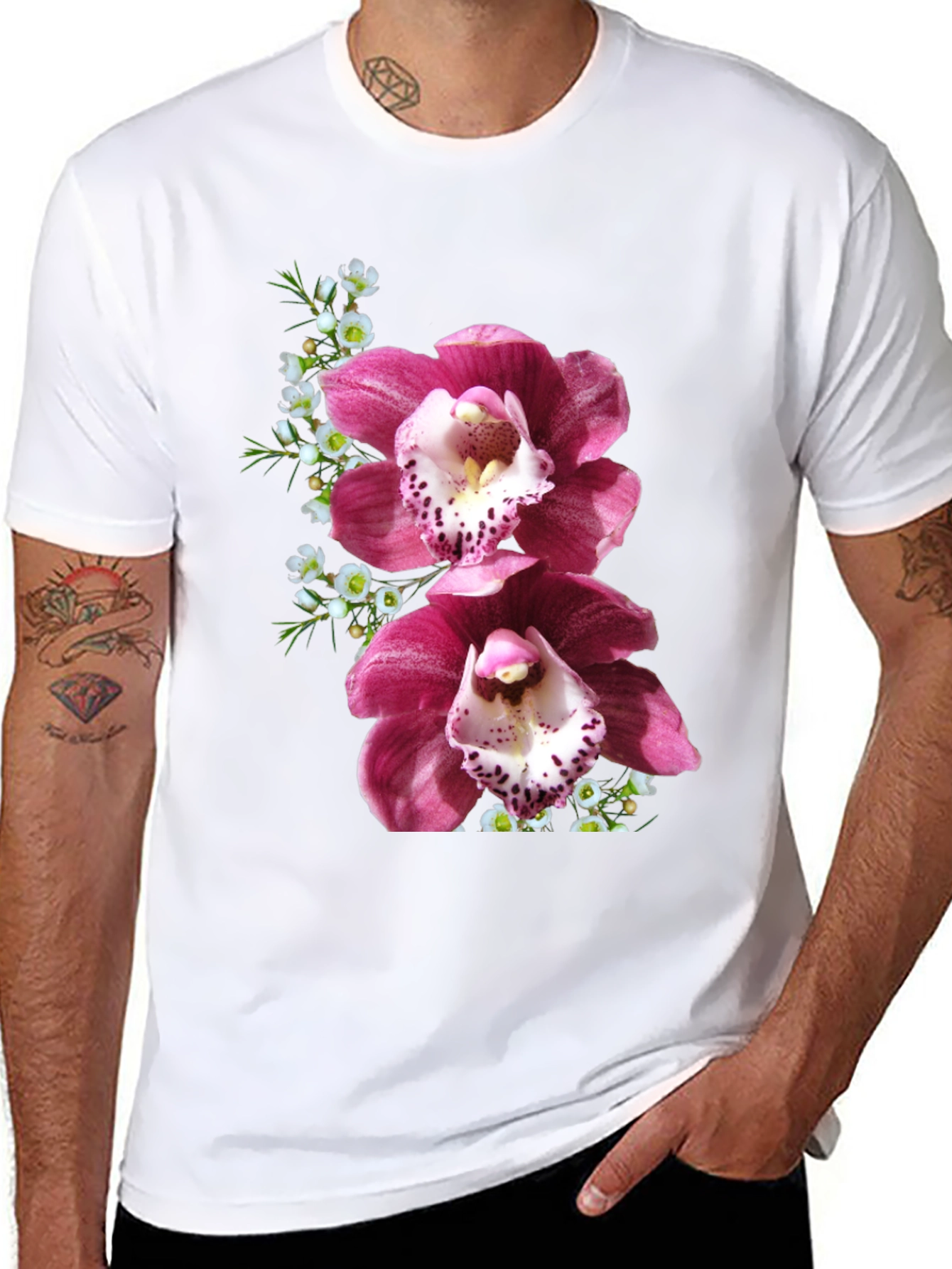 Floral Orchid Print T-Shirt - Black