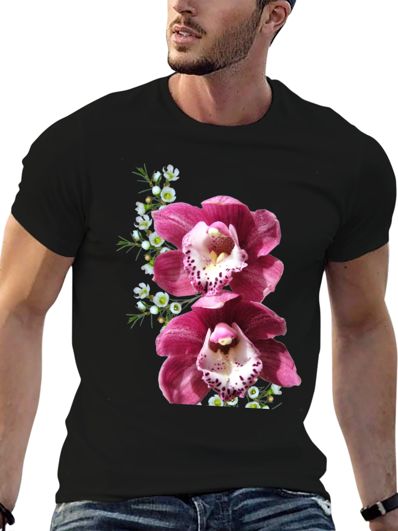 Floral Orchid Print T-Shirt - Black