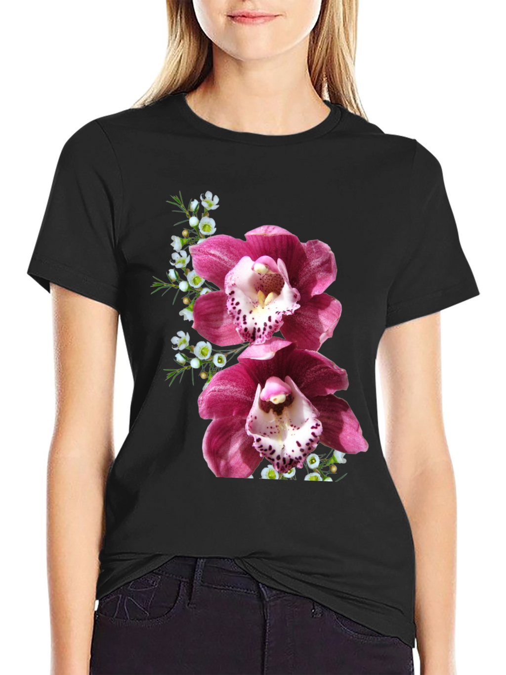 Floral Orchid Print T-Shirt - Black