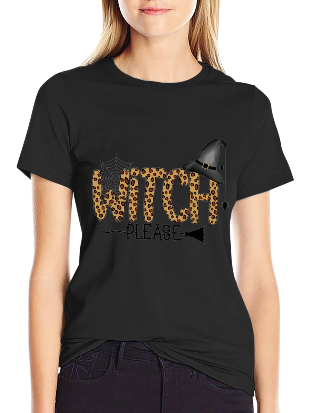 Witch Please Leopard Print Graphic Tee - Halloween