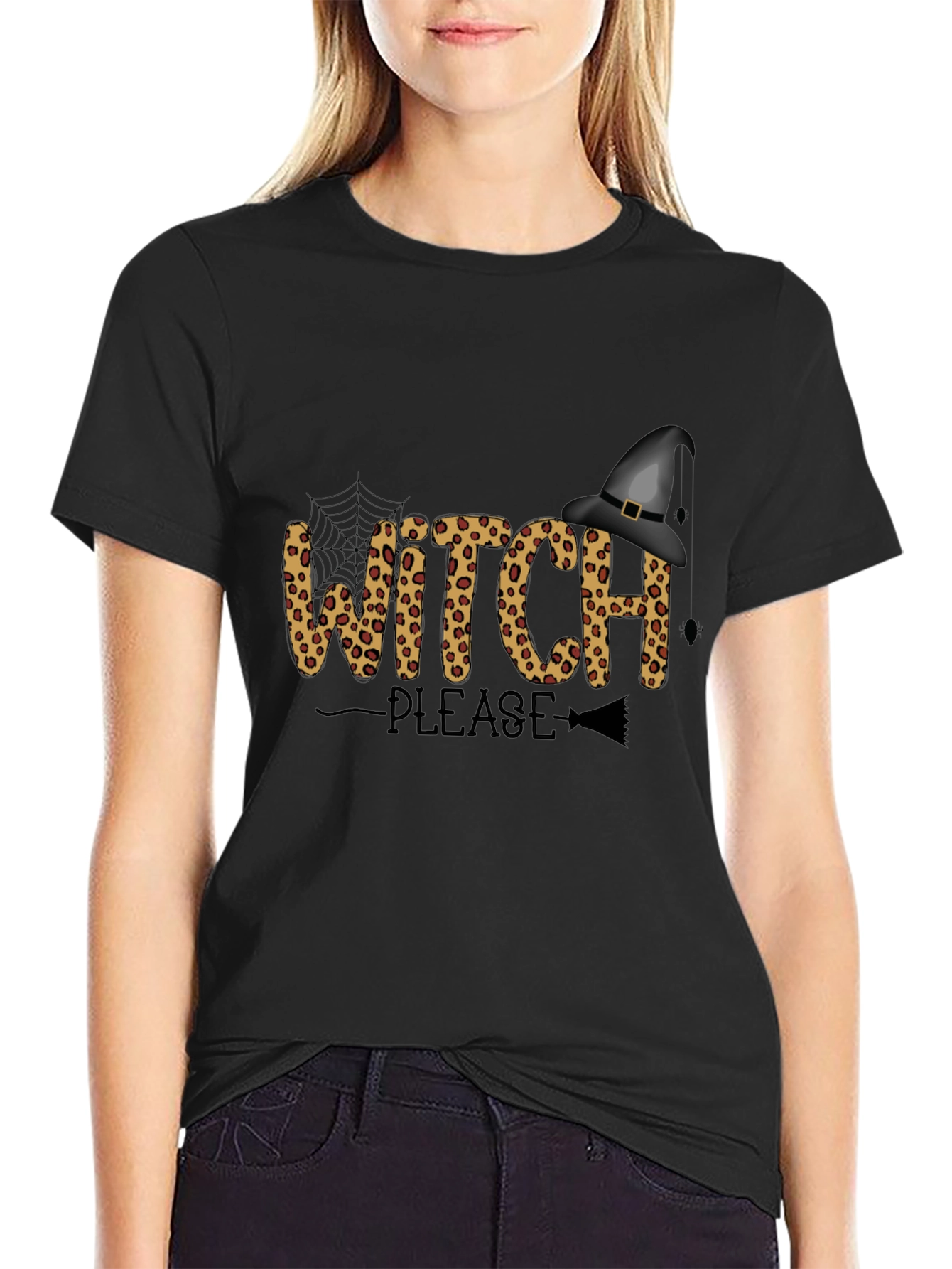 Witch Please Leopard Print Graphic Tee - Halloween