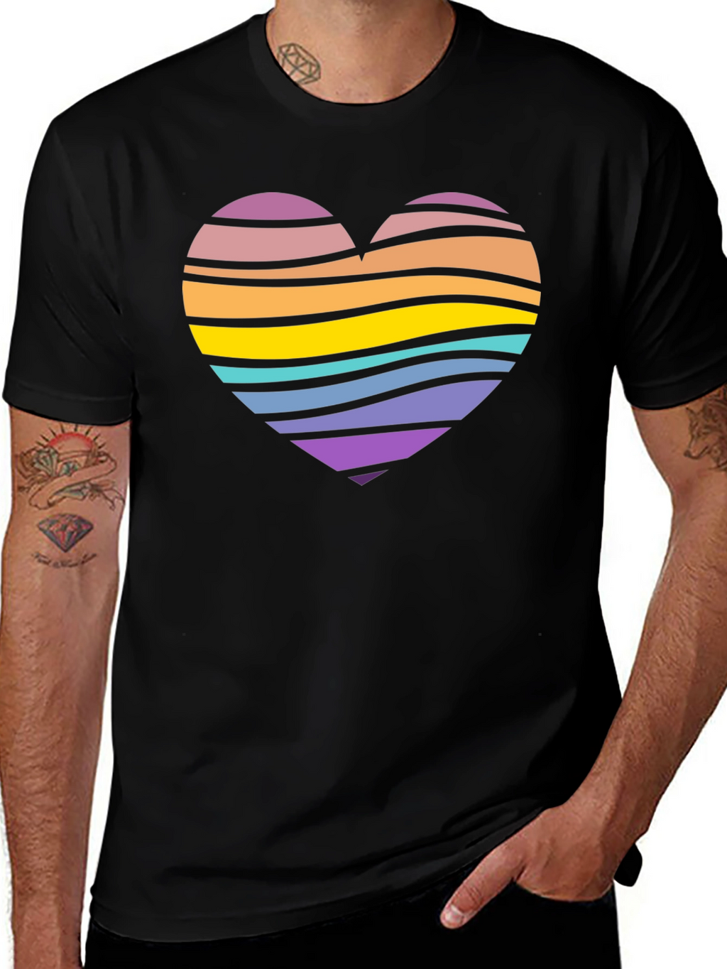 Striped Heart Graphic Black T-Shirt