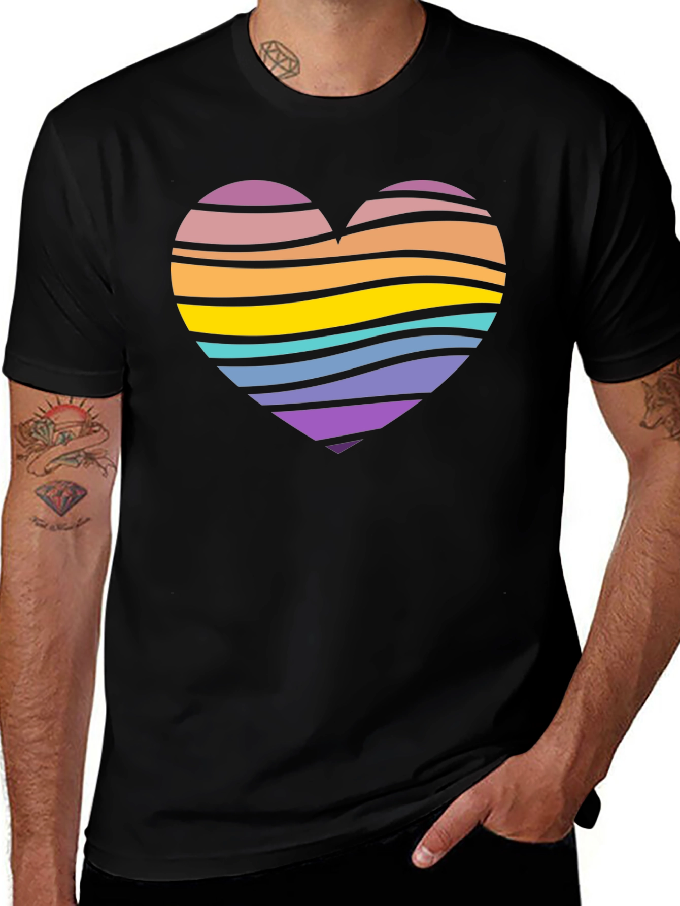 Striped Heart Graphic Black T-Shirt