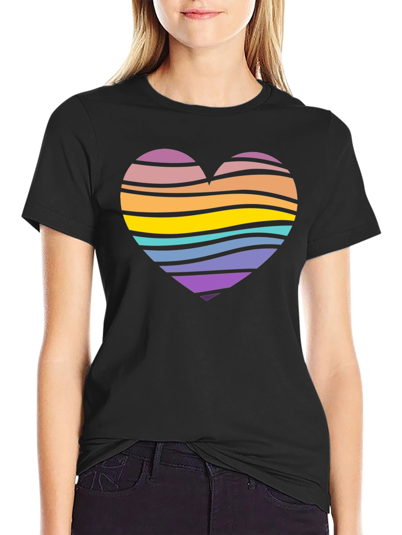 Striped Heart Graphic Black T-Shirt