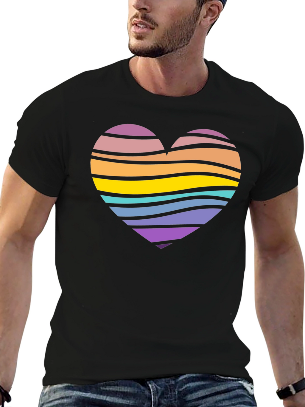Striped Heart Graphic Black T-Shirt