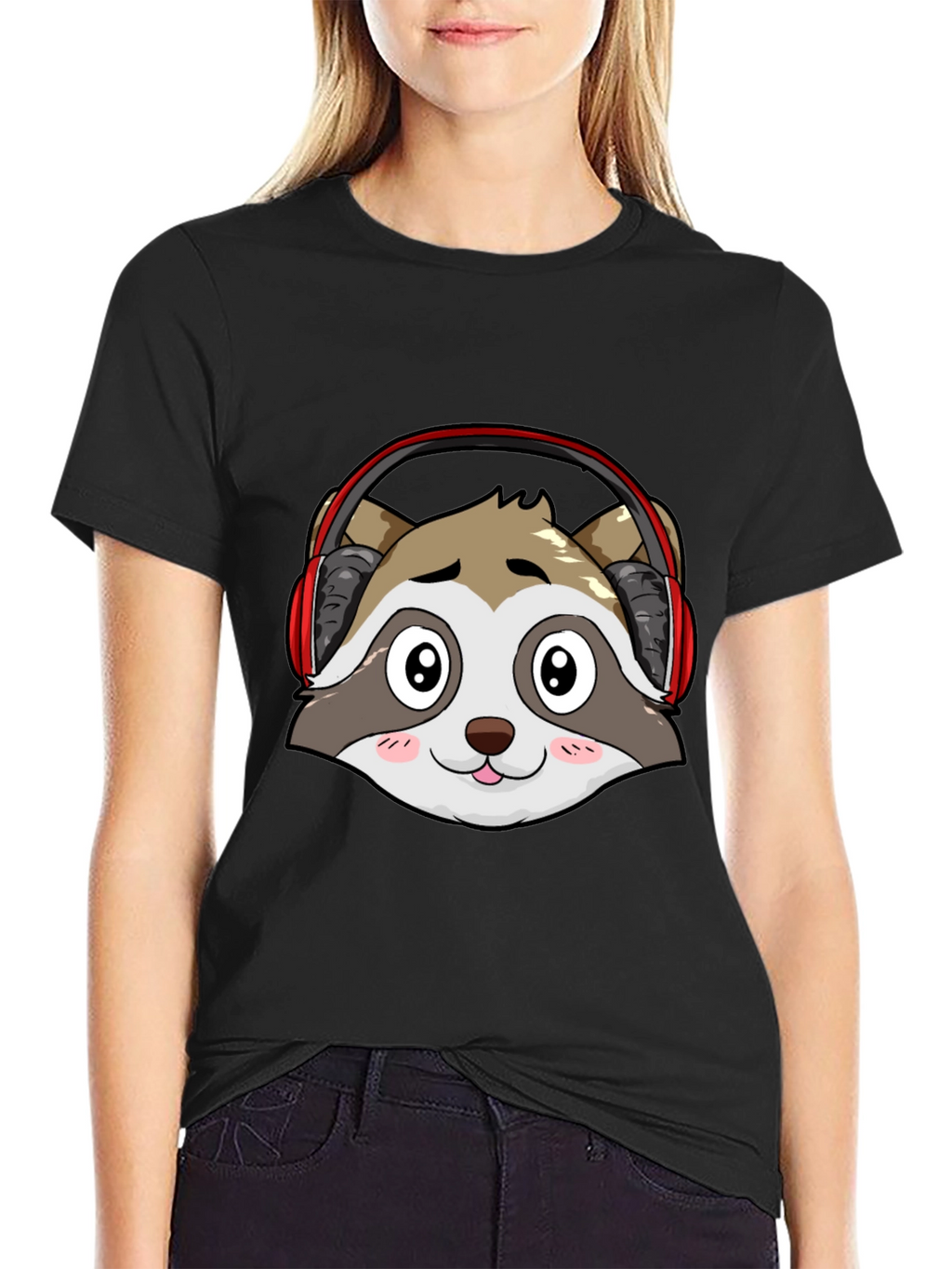 Cool Raccoon Headphone Graphic Black T-Shirt