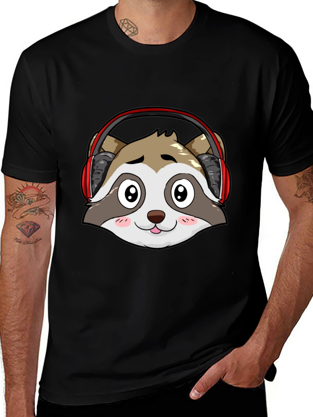 Cool Raccoon Headphone Graphic Black T-Shirt