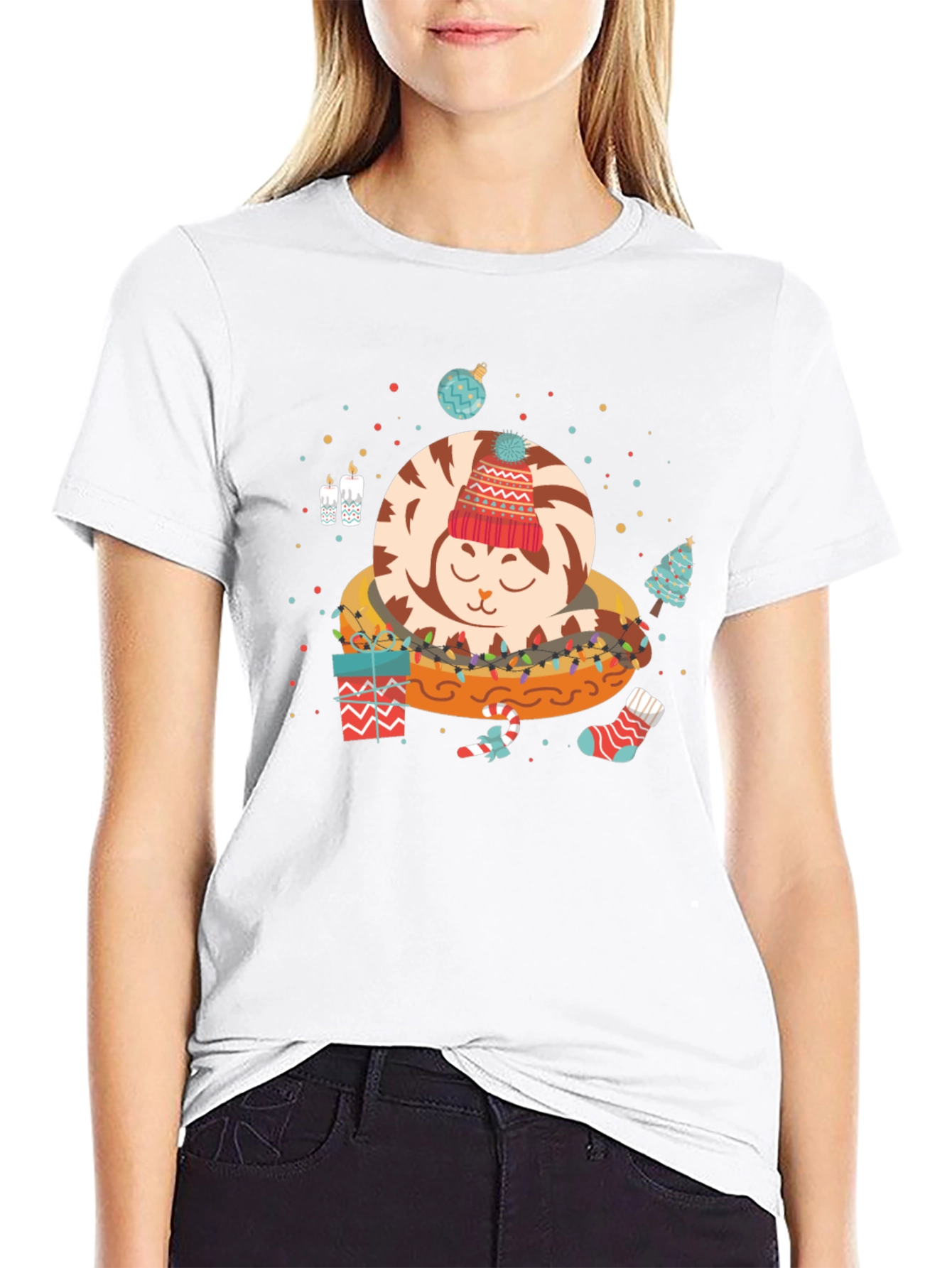 Christmas Cat in Bed Graphic Tee