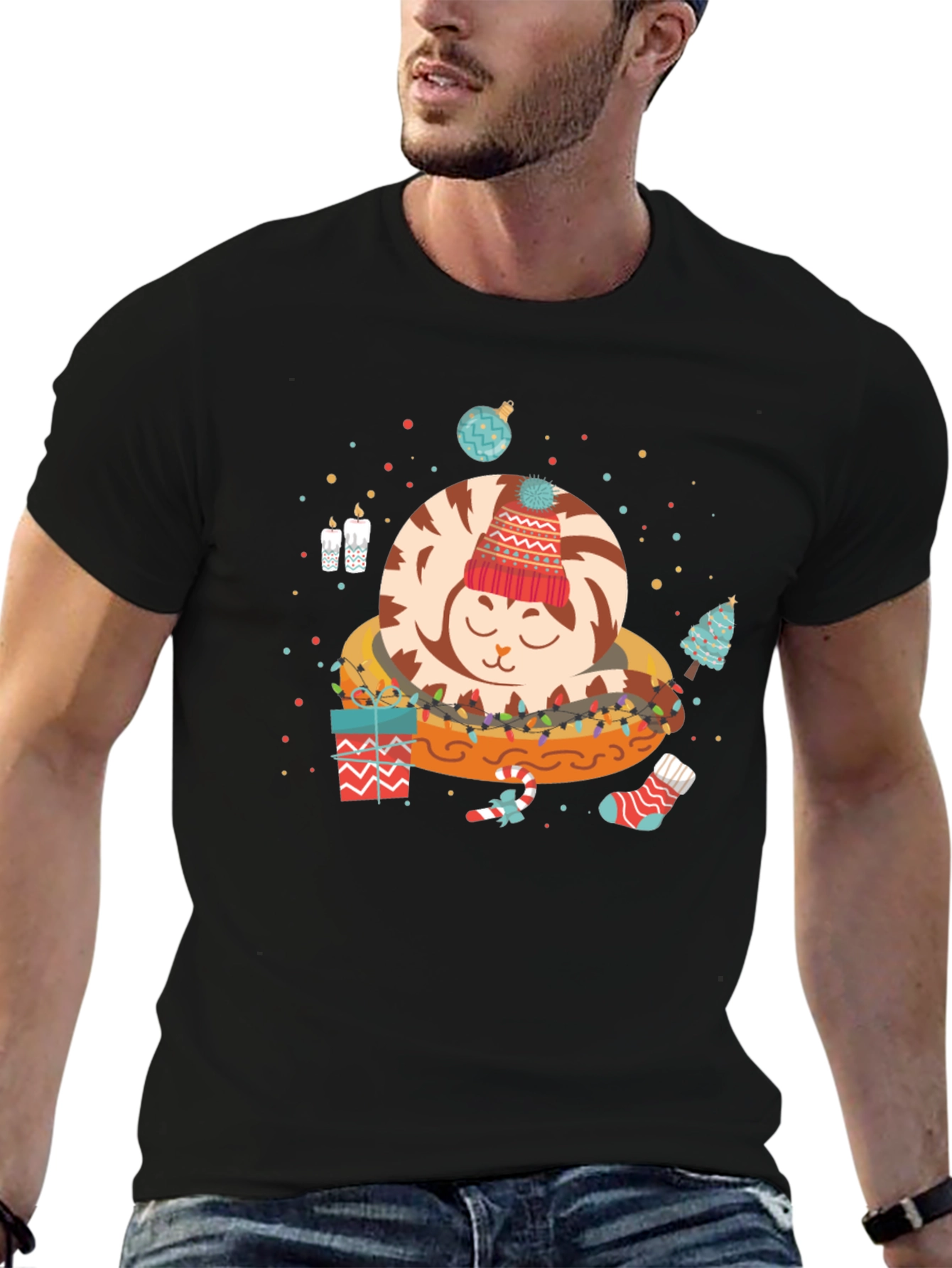 Christmas Cat in Bed Graphic Tee