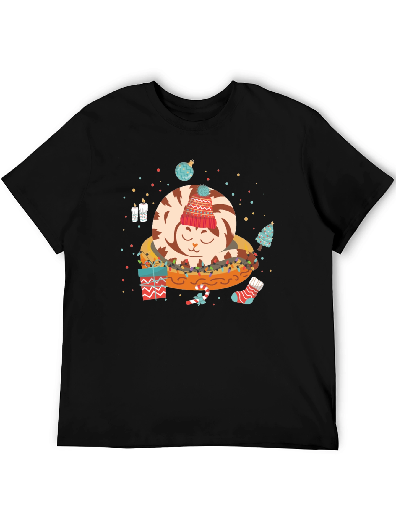 Christmas Cat in Bed Graphic Tee