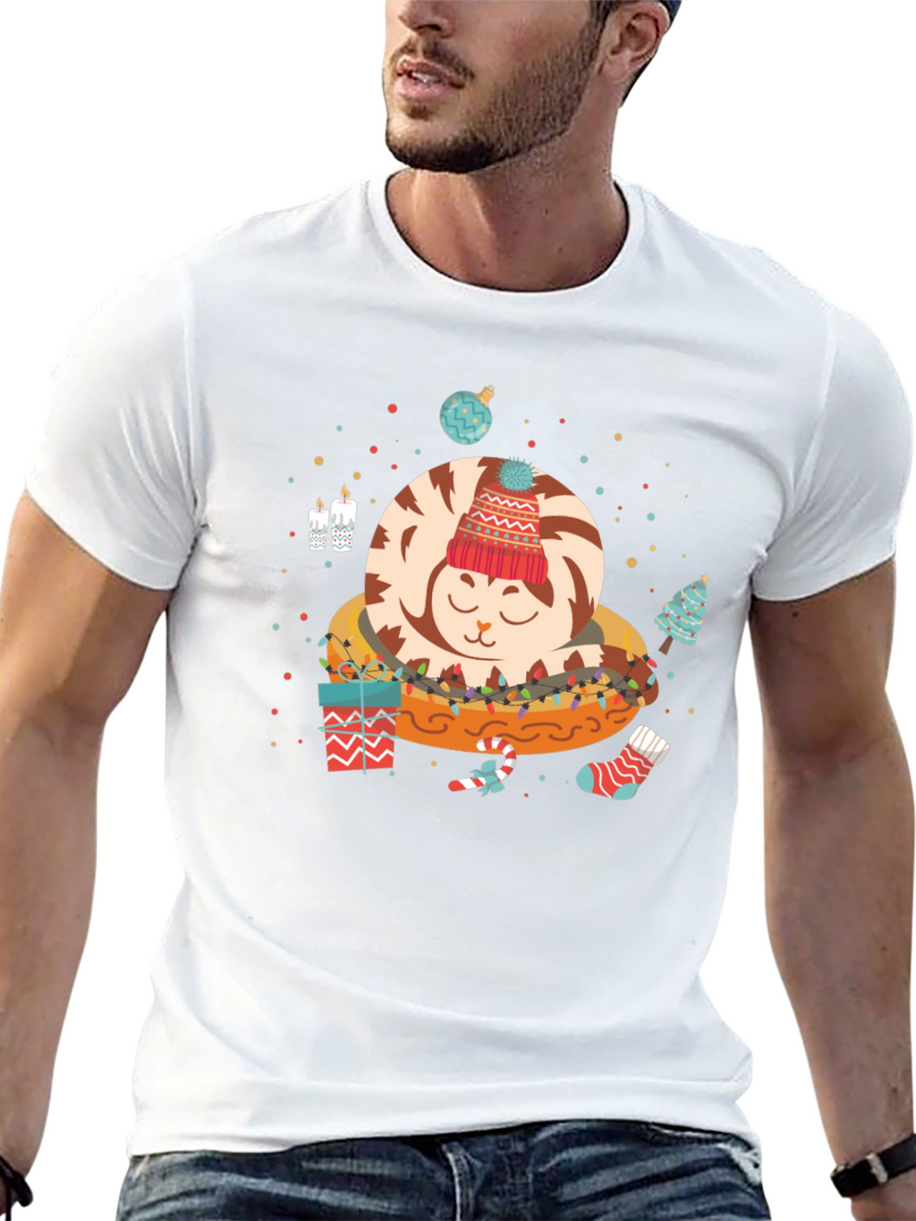 Christmas Cat in Bed Graphic Tee