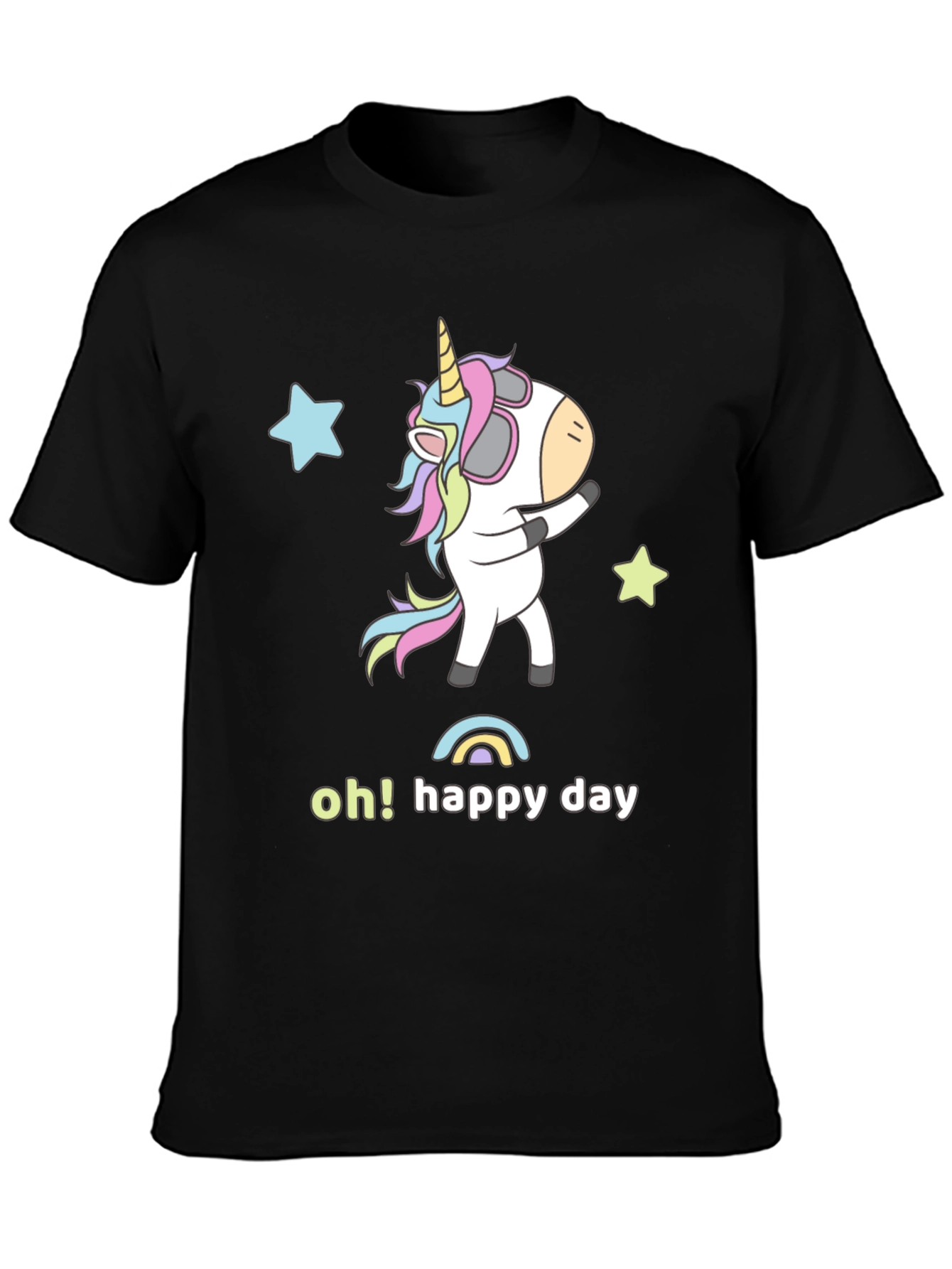Unicorn Oh Happy Day Black Graphic T-Shirt