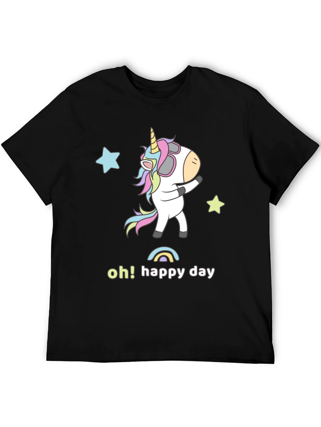 Unicorn Oh Happy Day Black Graphic T-Shirt