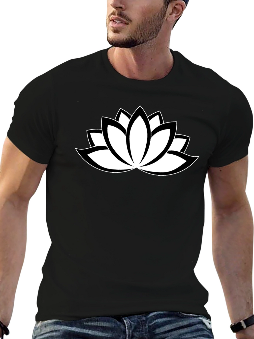Black T-Shirt with White Lotus Flower Design